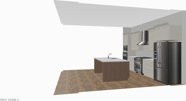 kitchen with a kitchen island with sink, dark wood-type flooring, wall chimney range hood, white cabinetry, and appliances with stainless steel finishes