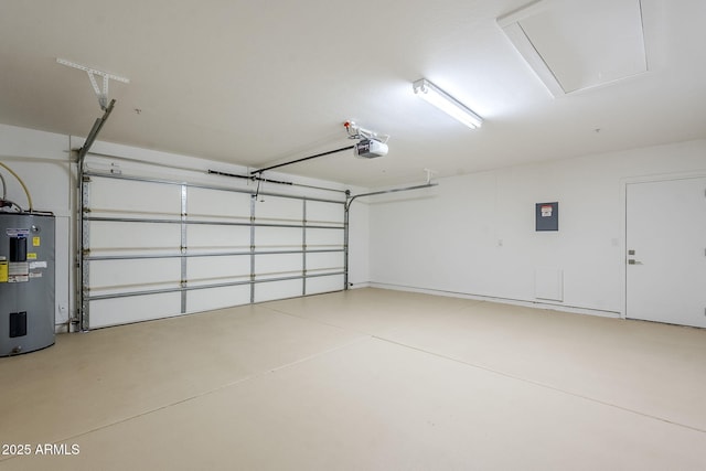 garage with a garage door opener, electric panel, and electric water heater