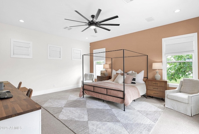 3173 E Page Ave, Gilbert, AZ 85234 - bedroom featuring visible vents, baseboards, a ceiling fan, recessed lighting, and light colored carpet
