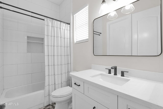 3173 E Page Ave, Gilbert, AZ 85234 - full bathroom featuring toilet, shower / bath combo with shower curtain, and vanity