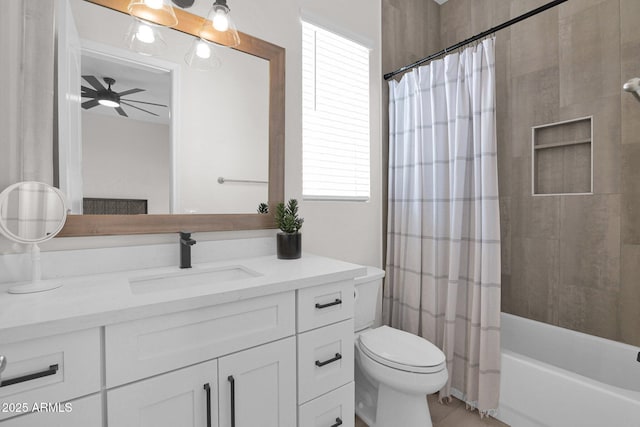 3173 E Page Ave, Gilbert, AZ 85234 - full bath featuring toilet, vanity, shower / bath combination with curtain, and a ceiling fan