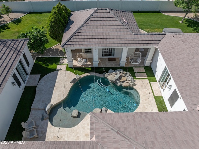 3173 E Page Ave, Gilbert, AZ 85234 - view of pool featuring a fenced in pool, a patio, a fenced backyard, and a lawn