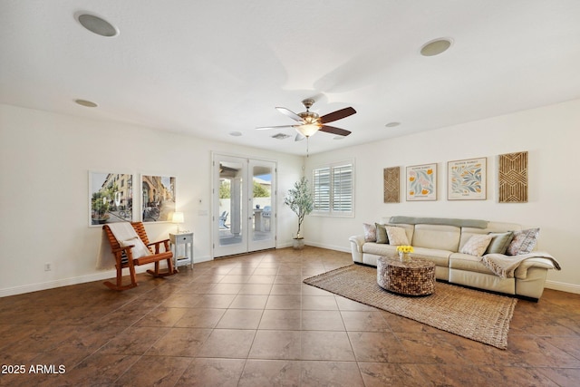 living room with ceiling fan, visible vents, baseboards, french doors, and tile patterned floors