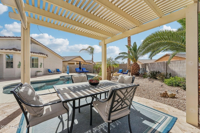 view of patio with outdoor dining area, a fenced backyard, a fenced in pool, and a pergola