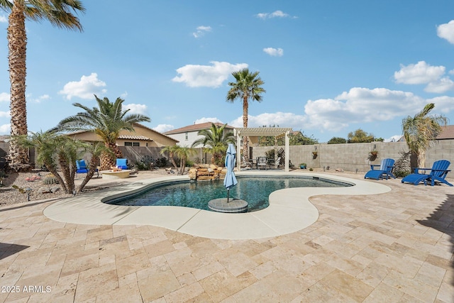 view of swimming pool featuring a fenced in pool, a fenced backyard, a patio, and a pergola