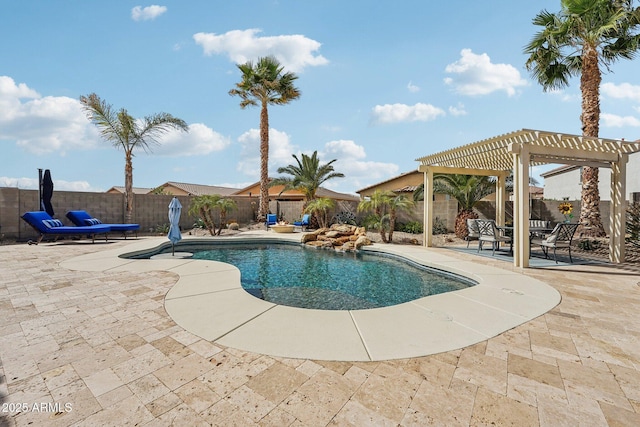 view of swimming pool with a patio area, a fenced backyard, a fenced in pool, and a pergola