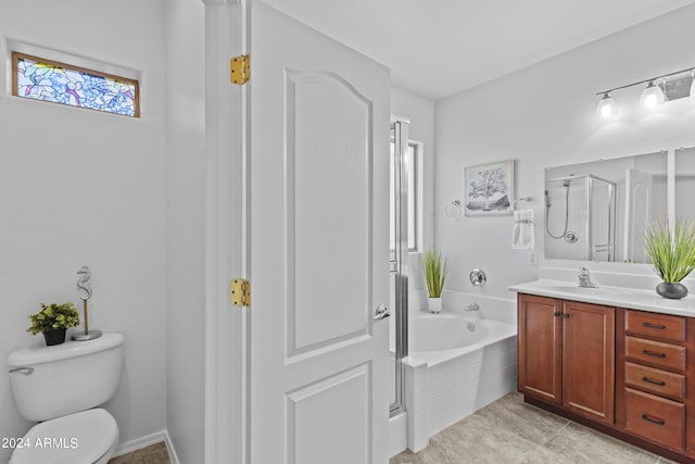 bathroom featuring toilet, a garden tub, vanity, and a stall shower