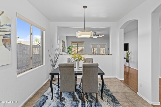 dining area featuring a wealth of natural light, a ceiling fan, baseboards, and arched walkways
