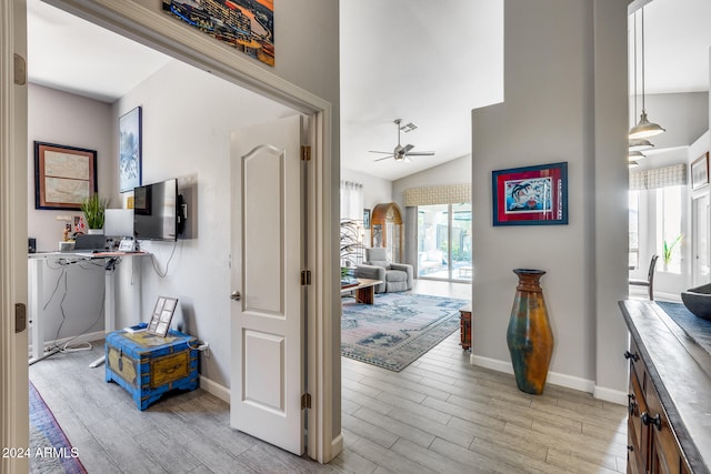 hall featuring vaulted ceiling, light hardwood / wood-style floors, and plenty of natural light