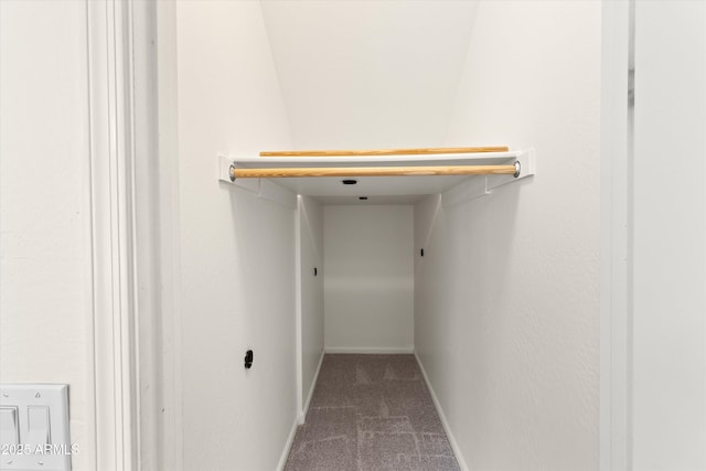 walk in closet with dark colored carpet