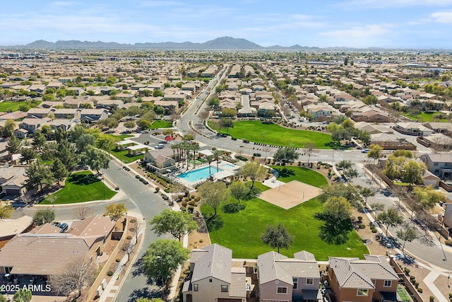 aerial view with a mountain view and a residential view