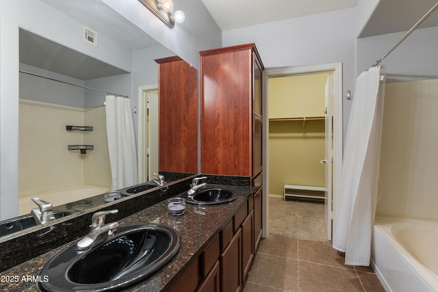 3302 N 7th St Unit 226, Phoenix, AZ 85014 - full bath featuring shower / bath combination with curtain, double vanity, and tile patterned floors