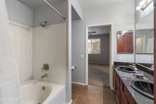 3302 N 7th St Unit 226, Phoenix, AZ 85014 - bathroom with shower / bathtub combination with curtain, double vanity, tile patterned flooring, and a ceiling fan