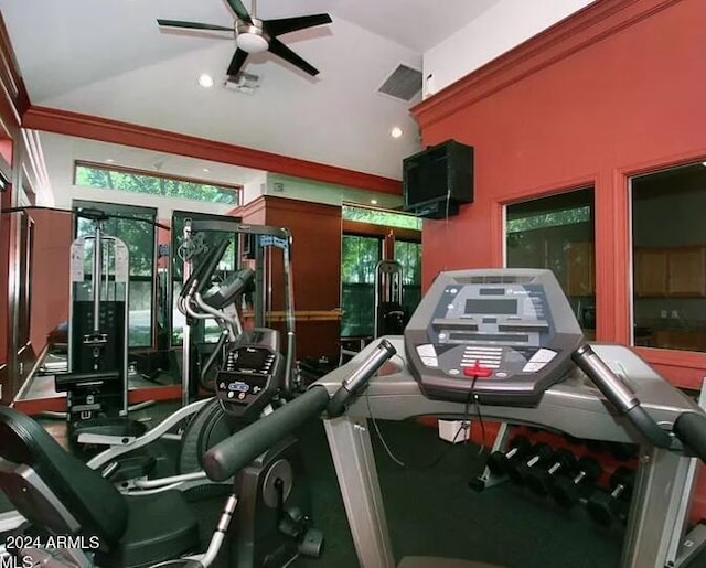 gym with ceiling fan, lofted ceiling, and a healthy amount of sunlight