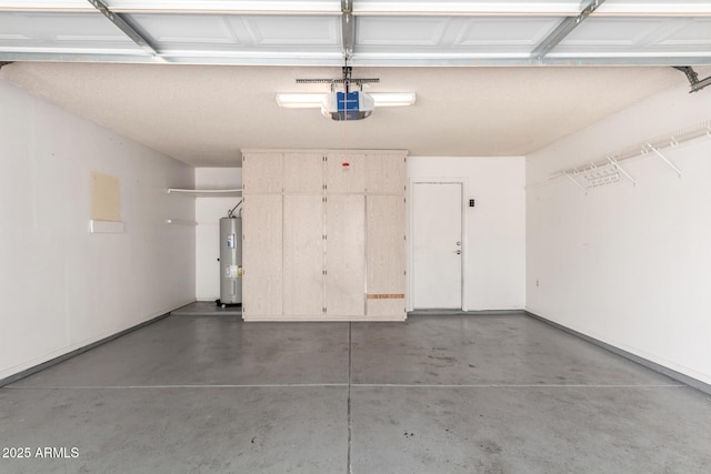 garage with water heater and a garage door opener