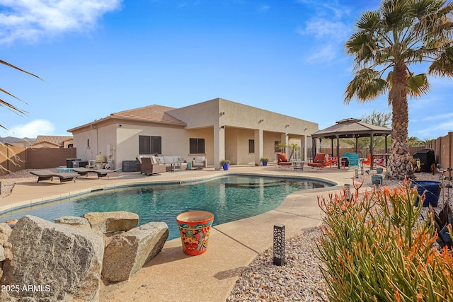 view of swimming pool featuring a gazebo, central AC unit, and a patio area