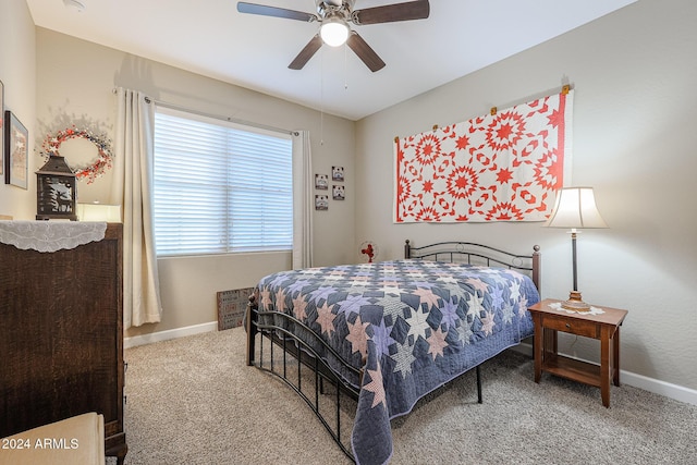 bedroom featuring carpet flooring and ceiling fan