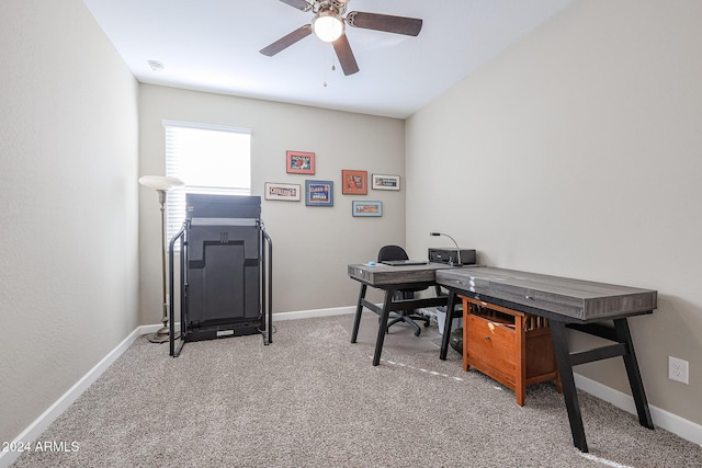 office featuring ceiling fan and light colored carpet