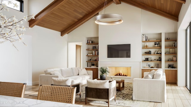 living room with beamed ceiling, wood ceiling, high vaulted ceiling, and wood-type flooring