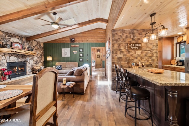 interior space featuring wooden walls, wooden ceiling, lofted ceiling with beams, and hardwood / wood-style flooring