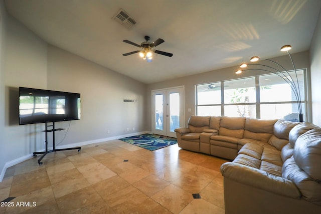living room with lofted ceiling, french doors, visible vents, a ceiling fan, and baseboards