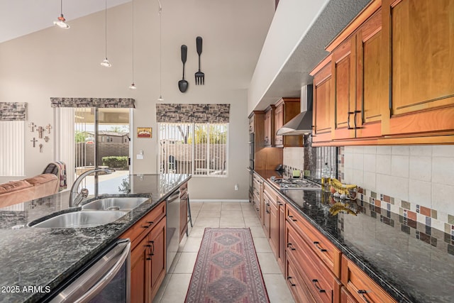 1635 W Windsong Dr, Phoenix, AZ 85045 - kitchen with brown cabinets, wall chimney exhaust hood, a sink, and stainless steel appliances