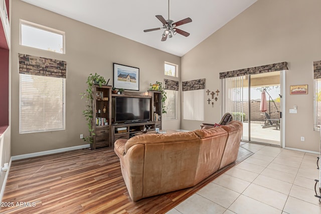 1635 W Windsong Dr, Phoenix, AZ 85045 - living area featuring baseboards, high vaulted ceiling, a ceiling fan, and light wood finished floors