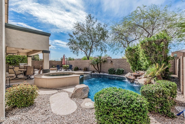 1635 W Windsong Dr, Phoenix, AZ 85045 - view of pool with an in ground hot tub, a patio area, a fenced in pool, a fenced backyard, and ceiling fan