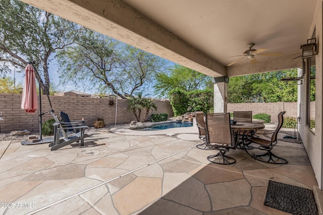 1635 W Windsong Dr, Phoenix, AZ 85045 - view of patio / terrace featuring a fenced backyard, a fenced in pool, outdoor dining space, and ceiling fan