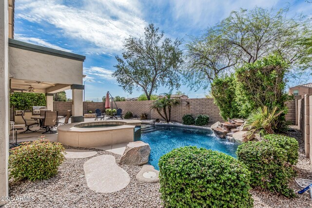 1635 W Windsong Dr, Phoenix, AZ 85045 - view of swimming pool with a patio, a fenced backyard, a fenced in pool, a ceiling fan, and an in ground hot tub