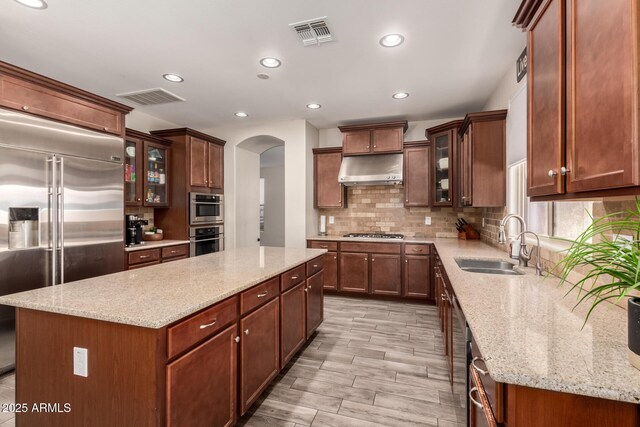 1217 W Fever Tree Ave, San Tan Valley, AZ 85140 - kitchen featuring stainless steel appliances, a sink, arched walkways, a center island, and light stone countertops