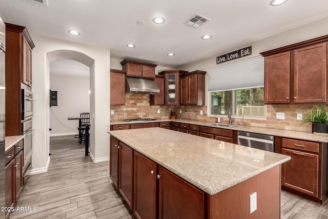 1217 W Fever Tree Ave, San Tan Valley, AZ 85140 - kitchen featuring under cabinet range hood, appliances with stainless steel finishes, a sink, arched walkways, and tasteful backsplash