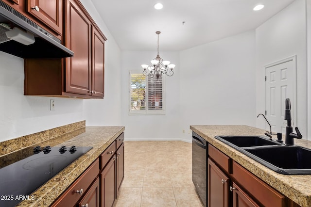 kitchen with black appliances, decorative light fixtures, sink, a notable chandelier, and light tile patterned flooring