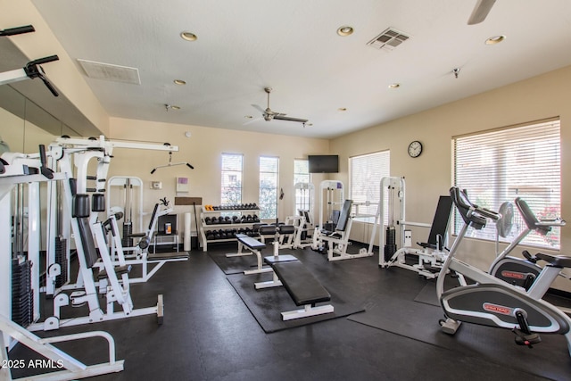 gym featuring ceiling fan