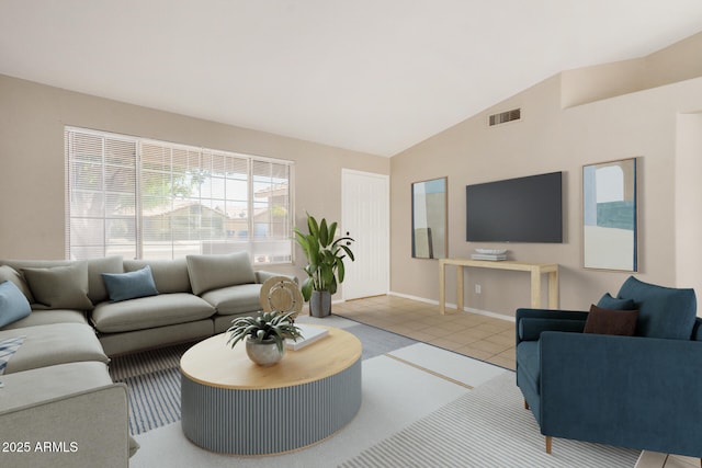 tiled living room with vaulted ceiling