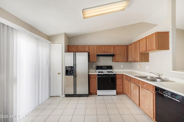 kitchen with stainless steel refrigerator with ice dispenser, lofted ceiling, sink, gas stove, and dishwasher