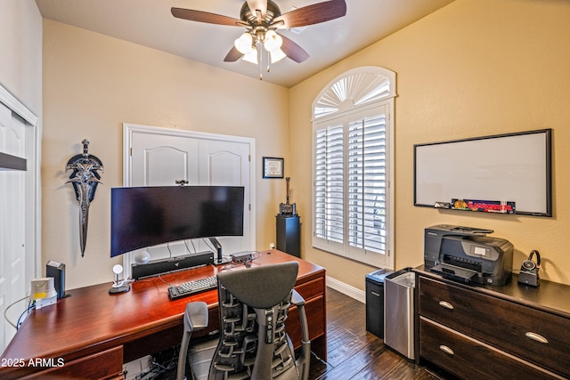 office space with dark wood-type flooring and ceiling fan