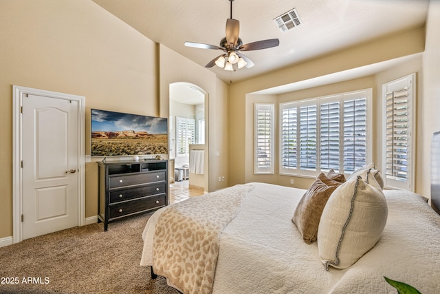 carpeted bedroom featuring ceiling fan