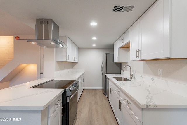 kitchen with white cabinetry, sink, island exhaust hood, electric range, and kitchen peninsula