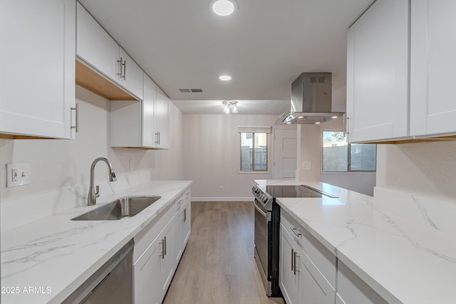 kitchen featuring island exhaust hood, sink, white cabinets, and electric stove