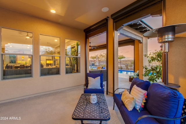 view of patio terrace at dusk