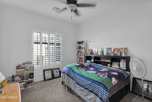 bedroom featuring carpet flooring and ceiling fan