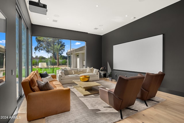 home theater room featuring light hardwood / wood-style floors