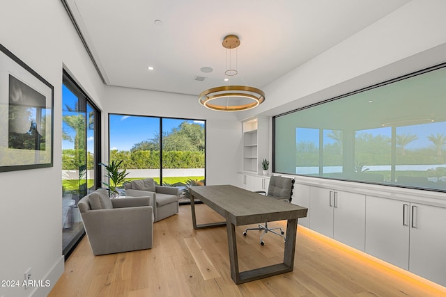 office area featuring light wood-type flooring, a wealth of natural light, and a water view