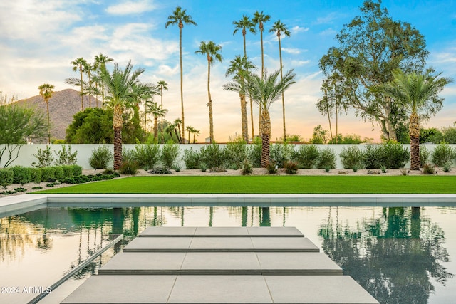 pool at dusk featuring a yard