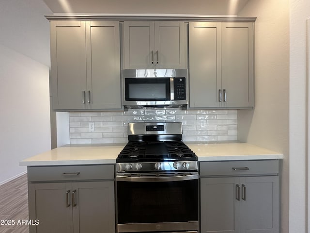 46922 W Coe St, Maricopa, AZ 85139 - kitchen with stainless steel appliances, gray cabinets, tasteful backsplash, and light countertops