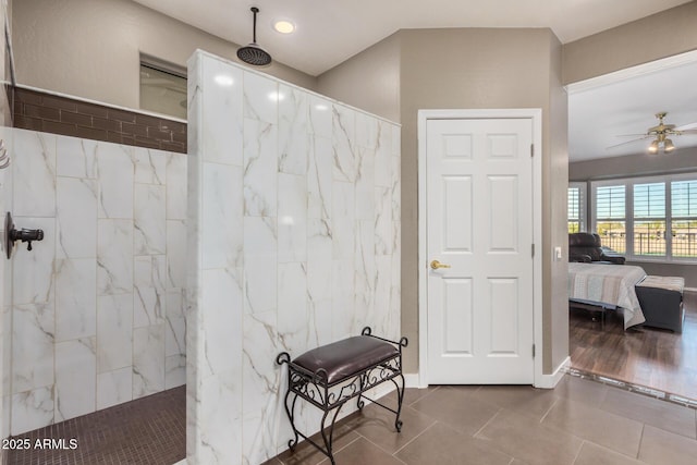 bathroom with ensuite bath, a marble finish shower, a ceiling fan, and recessed lighting