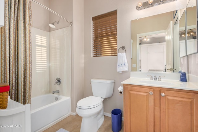 full bathroom with toilet, vanity, baseboards, tile patterned floors, and shower / bathtub combination with curtain