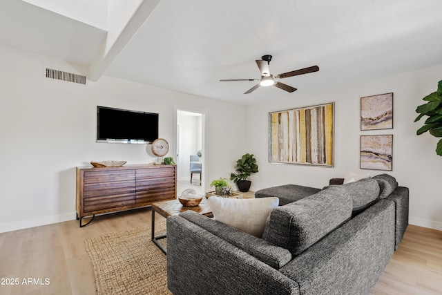 6001 N 10th Way, Phoenix, AZ 85014 - living room featuring ceiling fan, light wood-style floors, and baseboards