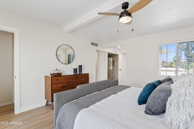 6001 N 10th Way, Phoenix, AZ 85014 - bedroom with light wood-type flooring, beamed ceiling, baseboards, and a ceiling fan